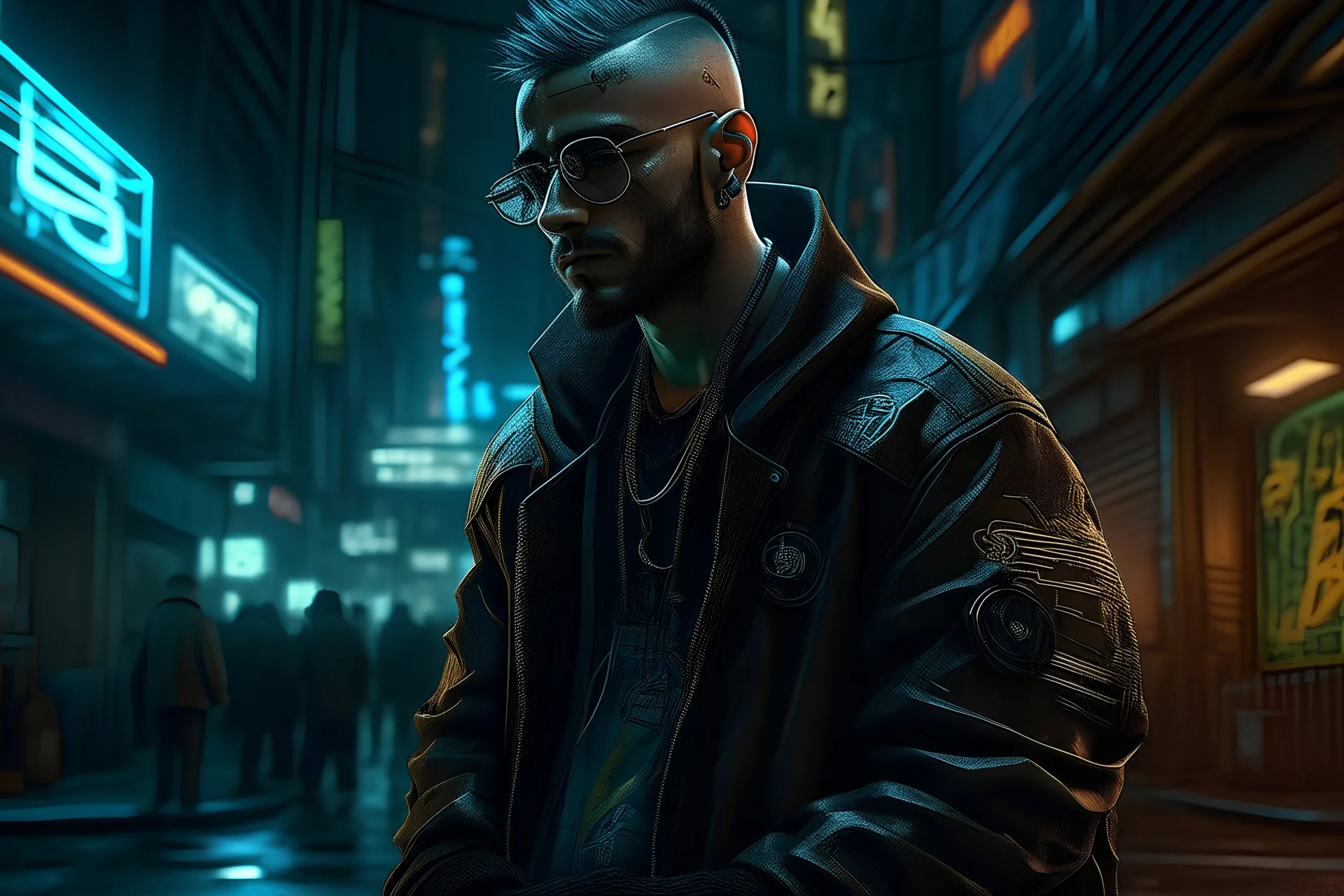 Cyberpunk, A Techie man from South America, Spanish, Night City, photo realistic