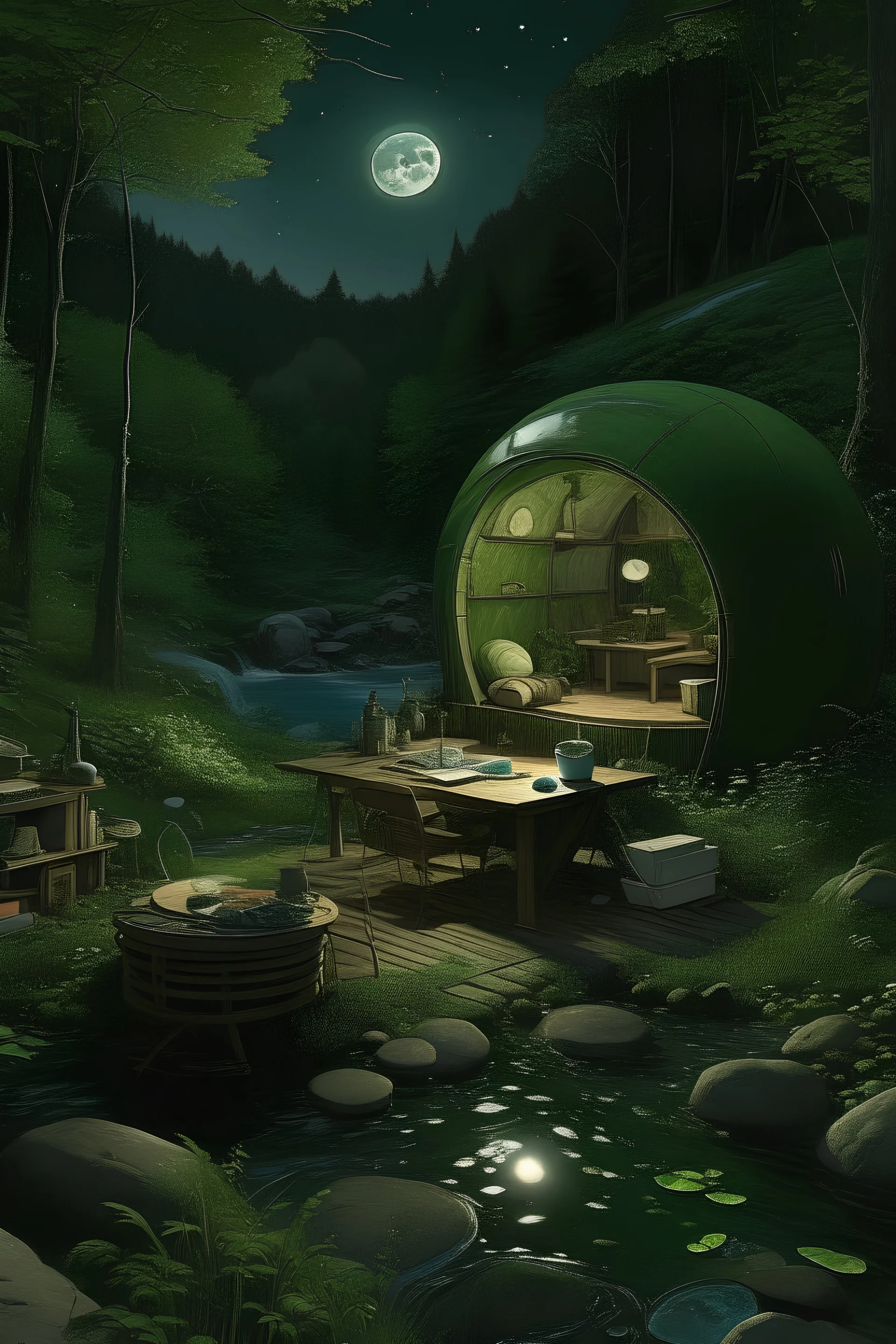Photorealistic summer night scene under a quarter moon in an Upstate New York forest. Closeup above a creek, a floating pitted, sanded chrome ellipsoid spacecraft with large tinted green windows, and inside, a room with large cushioned bed and a large drawing table with many inlaid shelves and drawers containing brushes, tattoo machines, pottery, pencils, and canvases. A shapely yellow-skinned bellydancer holds a tray with a large glass teapot as she looks for clothes.