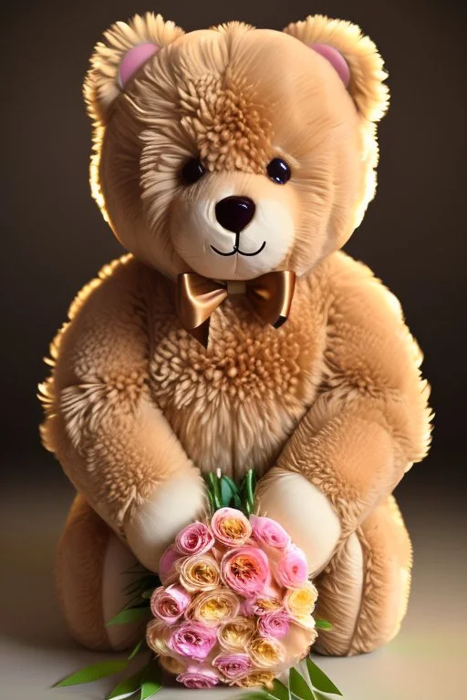 A light brown smiling teddybear holding a bouquet of flowers. His fur is realistic. The background is a romantic Italian restaurant bokeh digital painting extremely detailed studio lighting crisp quality and light reflections 8k cinematic lighting portrait photorealistic ultra detailed cinematic postprocessing focused