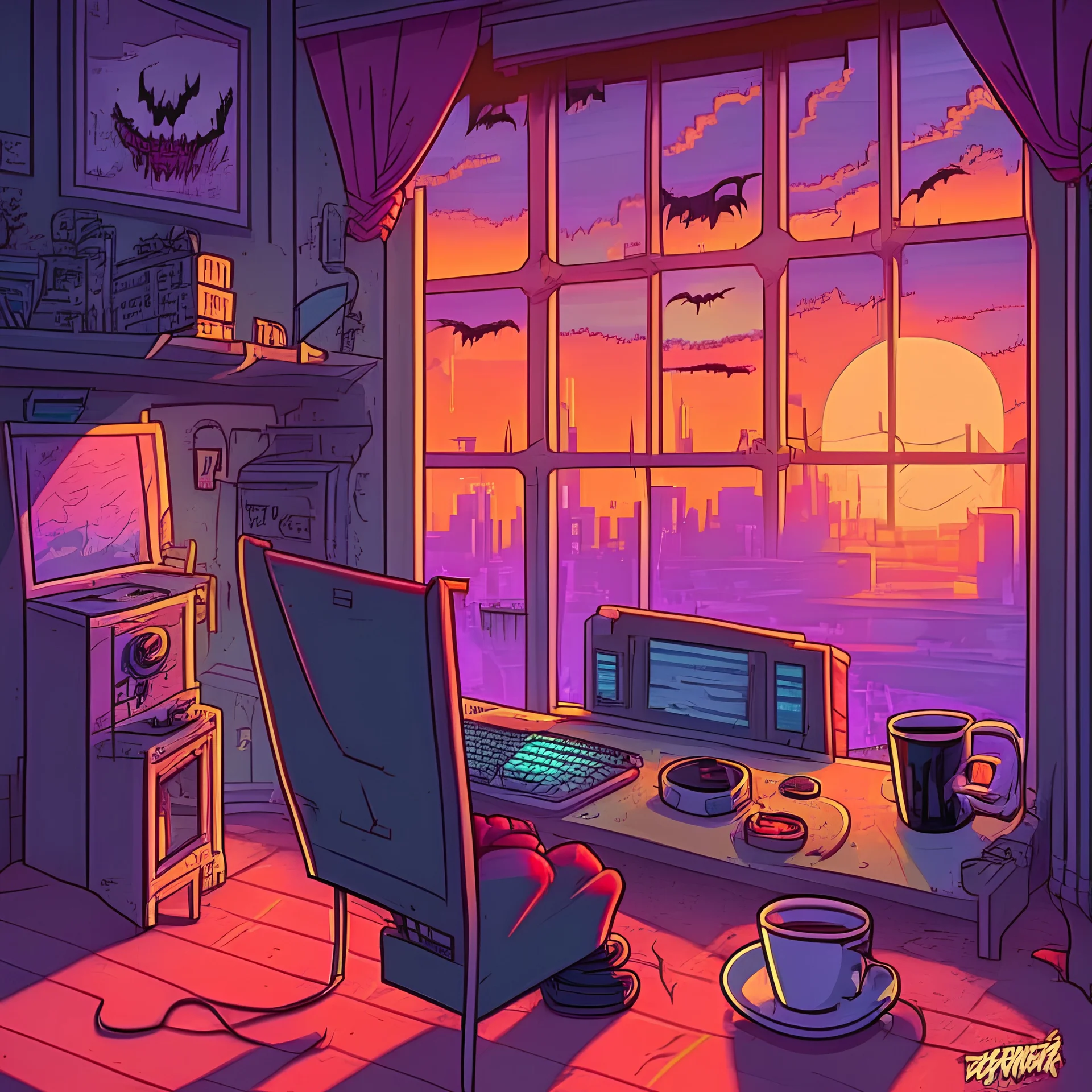 vampire city morning sunrise window coffee using a laptop computer in a game room in a house cartoon style