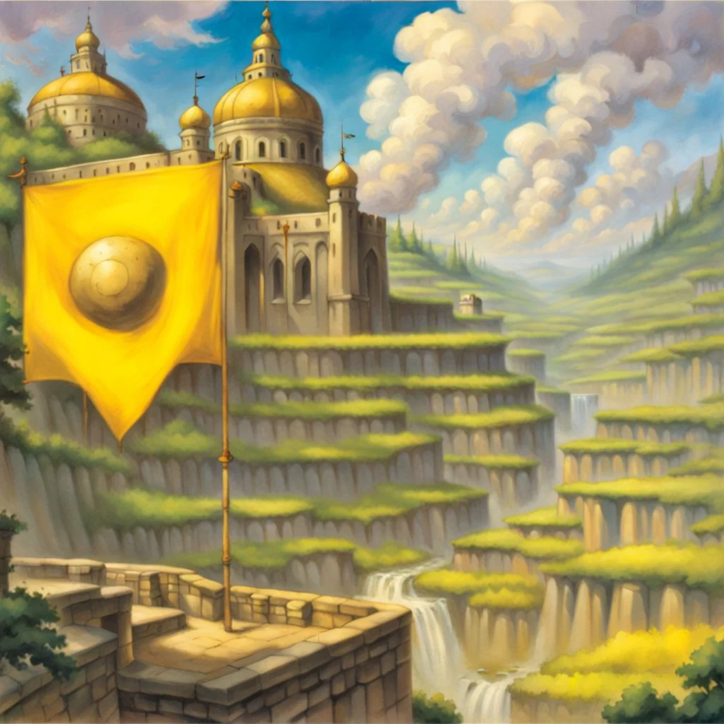 fantasy 90's tcg art of a yellow golden banner