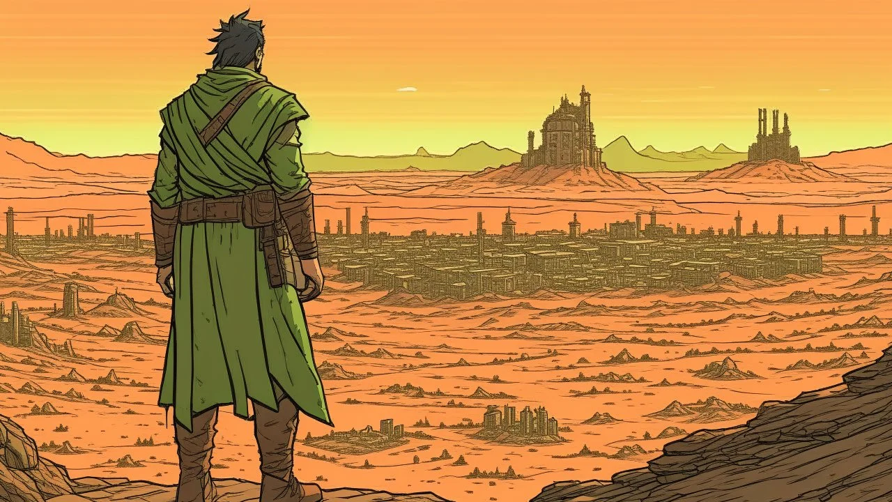 Desert warrior from behind looking at a city on a plateau in the distance, comic style