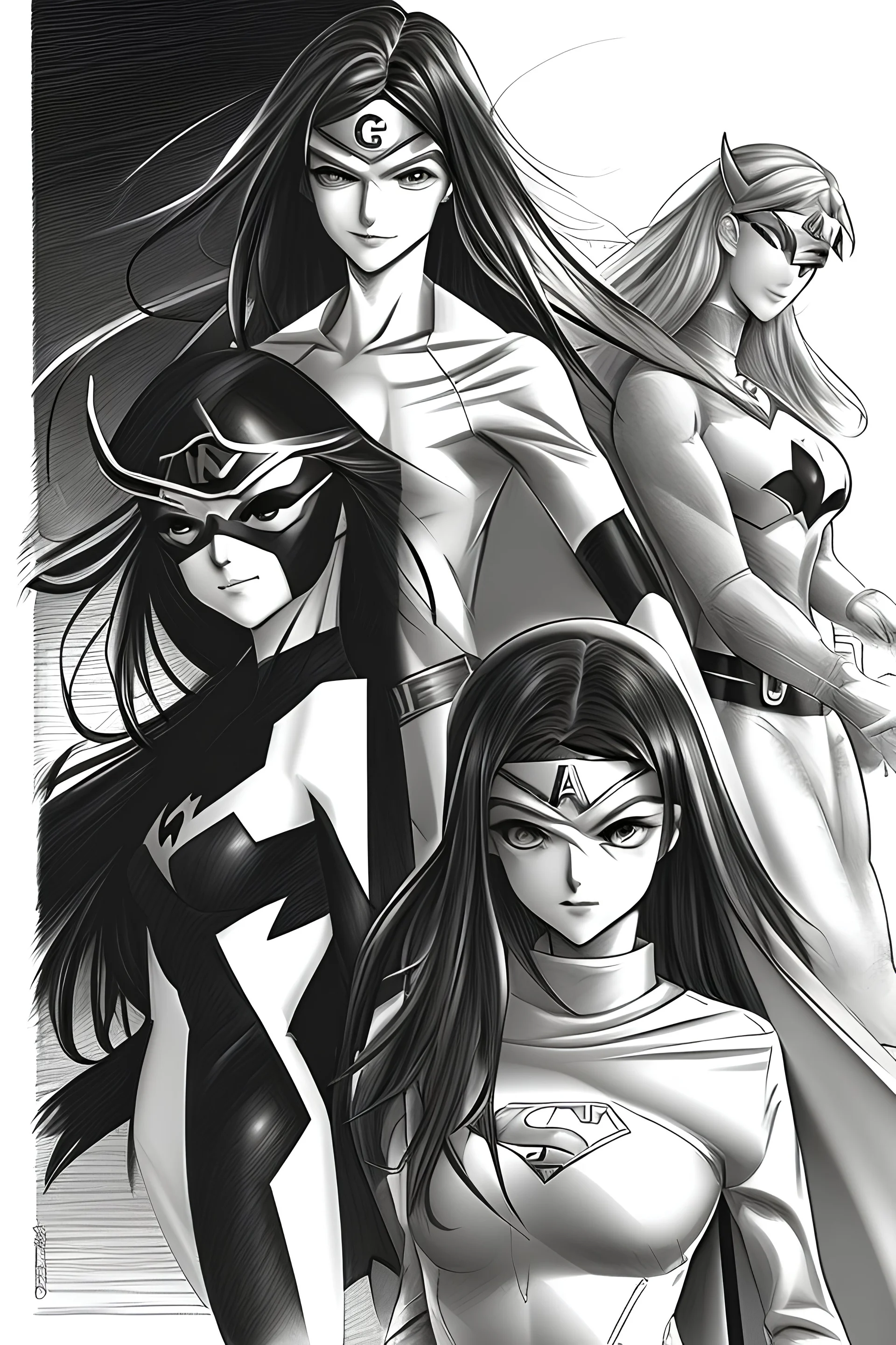 manga style , a superheroes, and two superheroine, pencil