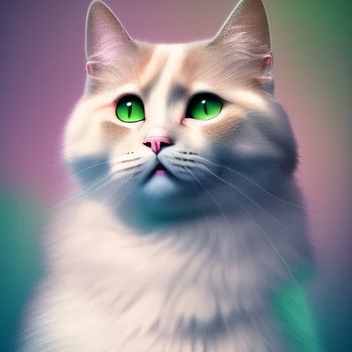 Cat, white, hyperrealism, masterpiece, expert, 8K, sharp focus, cinematic lighting, pink, green, blue, pastel