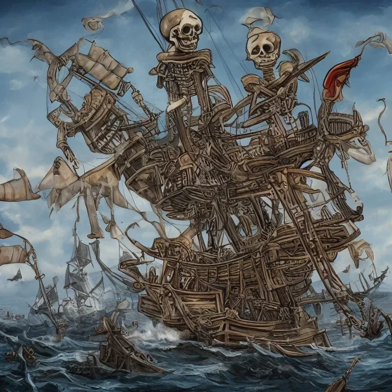 Skeleton pirates on a big, scary ship, artistically