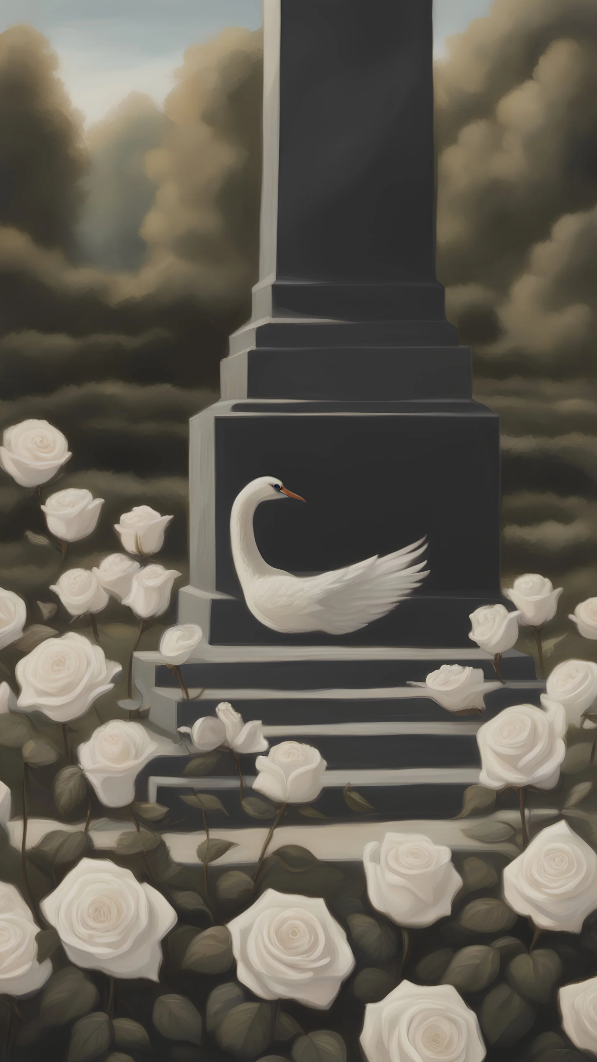 A grave in a field of white roses. Above the grave are swan feathers, a carved dagger, and white lace cloth.cinematic.oil painting asthetic