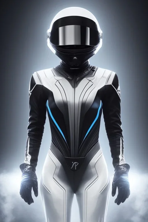 Black racing suit AnnaSophia Robb, portrait, bright eyes, wearing high tech racing helmet, white smoke, dark, rage, sorrow, high definition, ultra 8 k, volumetric lighting, blue fire, fog