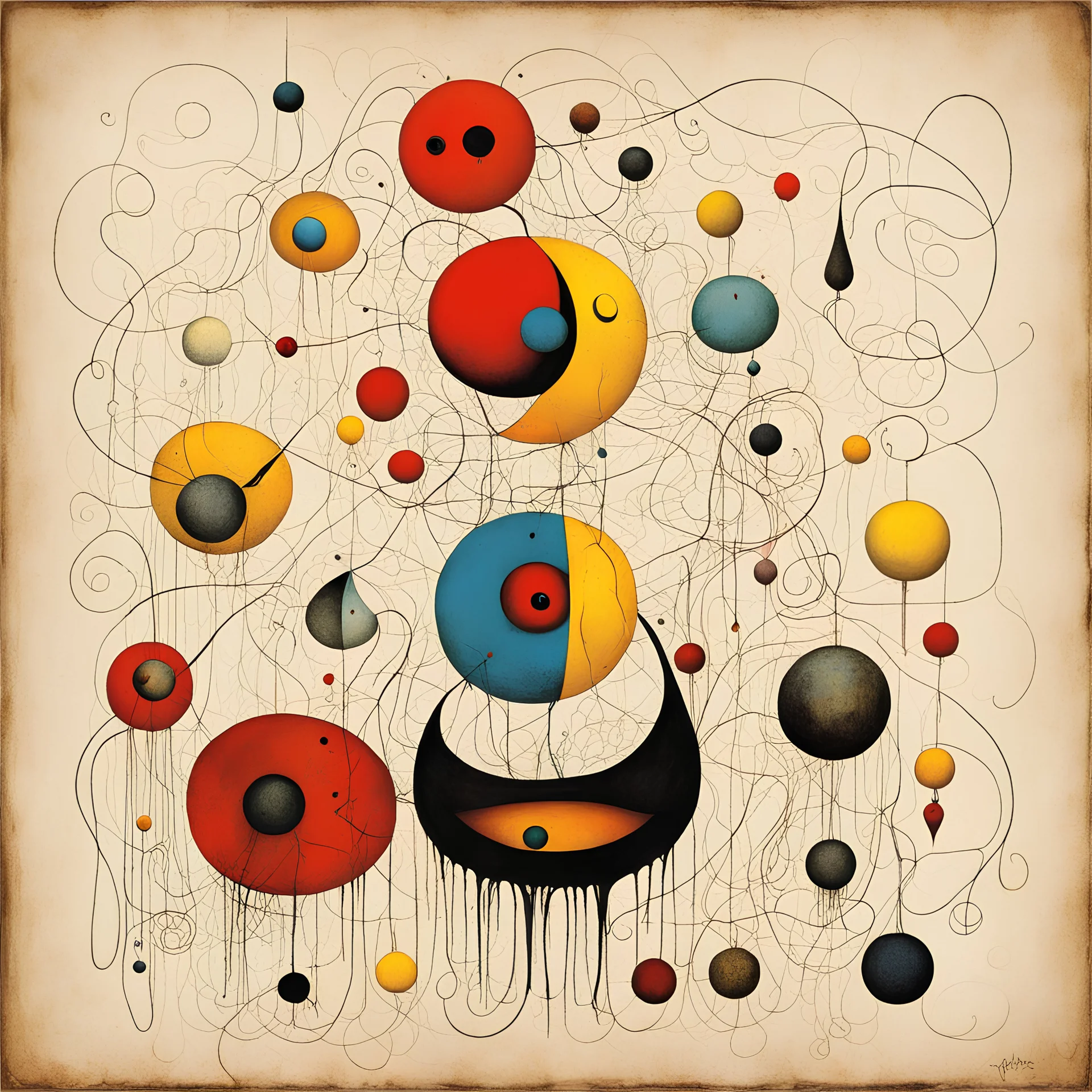 Mincing dropping fluent nudge, Joan Miro and Gabriel Pacheco and John Stephens deliver an abstract surreal masterpiece, bright colors, sinister, creepy, asymmetric,