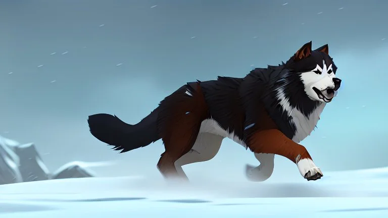 Alaskian Malamute running through the snow, furry style, shamanism, fish