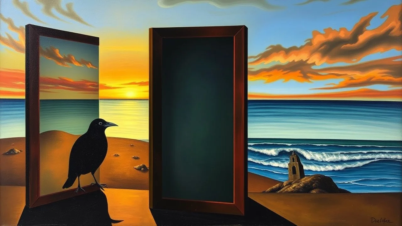 A surreal painting by Salvador Dali featuring a dark bird peeking through a folding screen, with a dreamy sunset and ocean scene reflected in the screen.