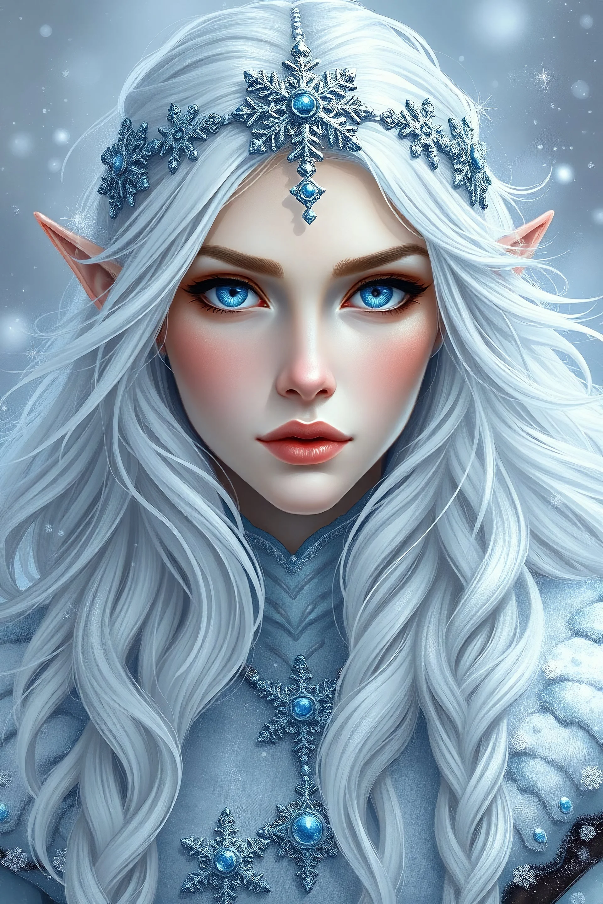 character art of a winter arcana cleric eladrin with blue eyes, white silvery hair, snow or snowflake circlet and headpiece, pale skinned with voluminous hair