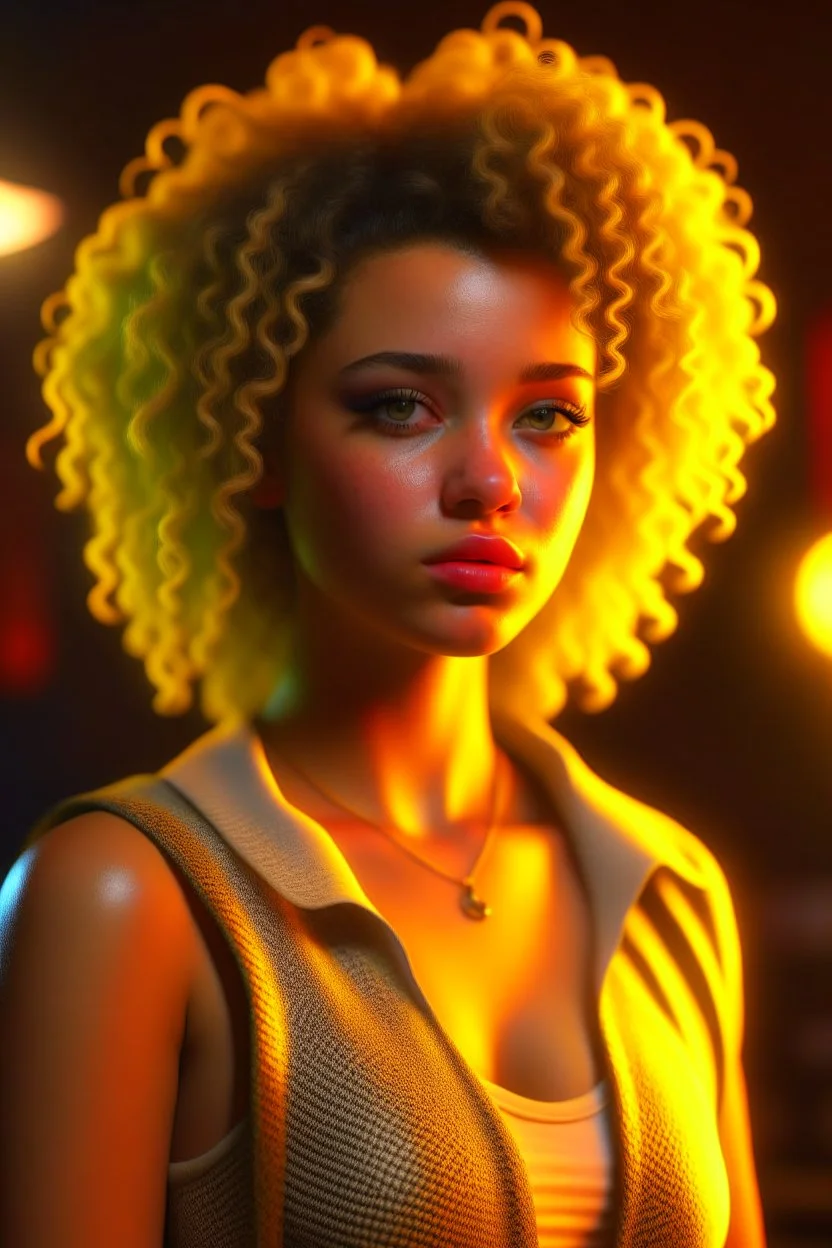 casino, a cute curly blonde latino female chat robot that stares at us like we are the prettiest demons she has ever seen, its such a perfect day, motion blur, smoke, 8k, downlight, soft light, depth of field, photorealism, trending on art station, lotsa detail