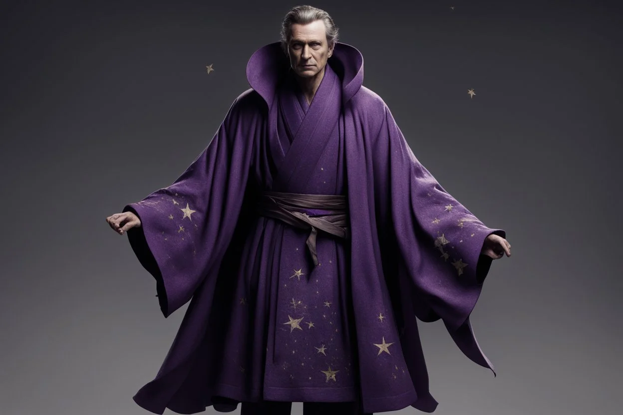 Его фирменный стиль — пурпурная мантия, богато украшенная звездами и символами, но часто запачканная сажей, пятнами от зелий или порванная после очередного взрыва. Под ней — более простые одежды темных тонов.