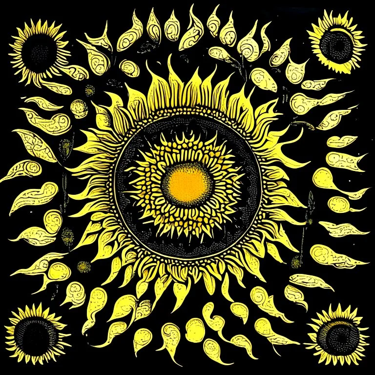 Silkscreen printing sunflower, moon, mandala decoration