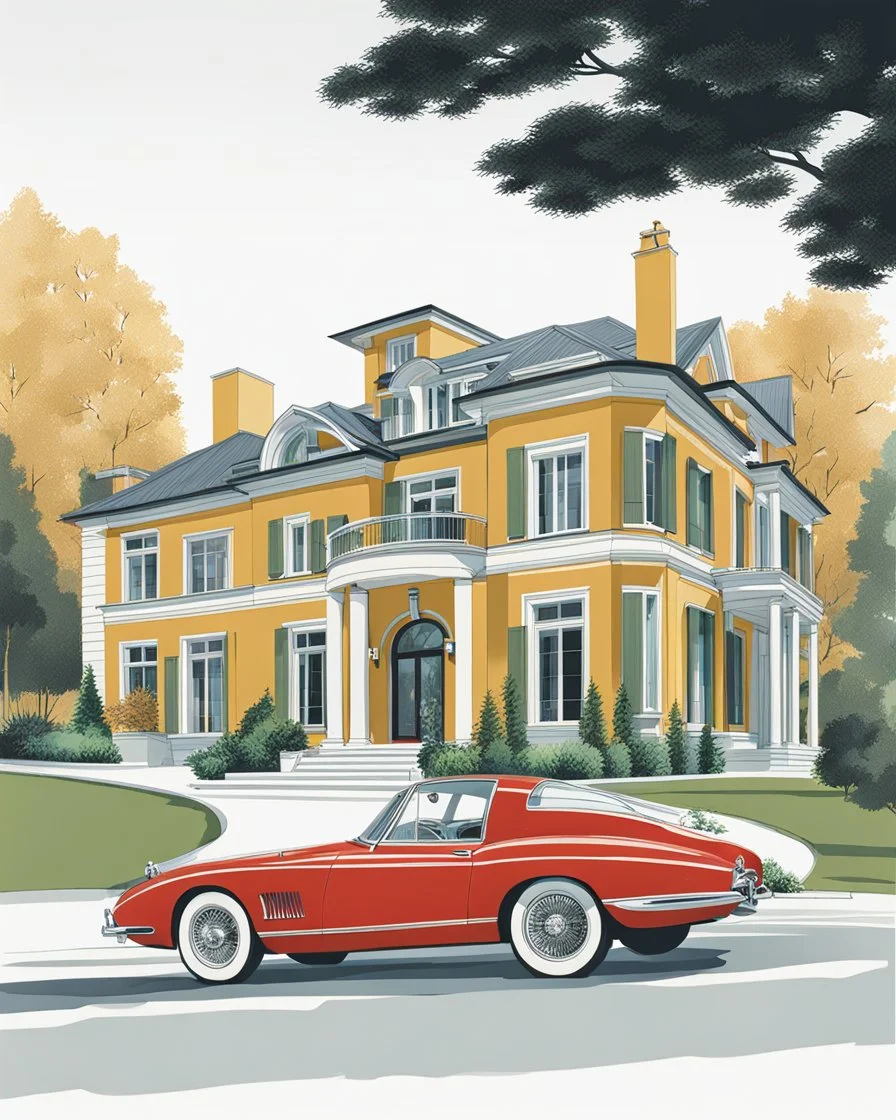 Architectural drawing of a luxurious modern country house, trees, people and cars, complementary colors