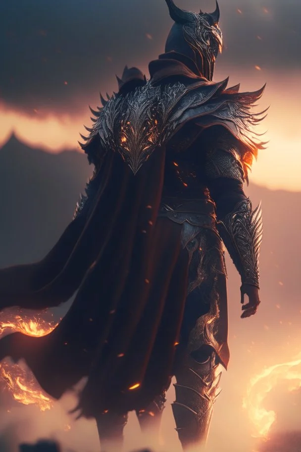 Photoreal magnificent fantasy muscular floating smoldering dragonfire warrior god priest in ultra powerful caped dragonbone armor in mystic rising mist at early dawn by lee jeffries, 8k, high detail, smooth render, unreal engine 5, cinema 4d, HDR, dust effect, vivid colors