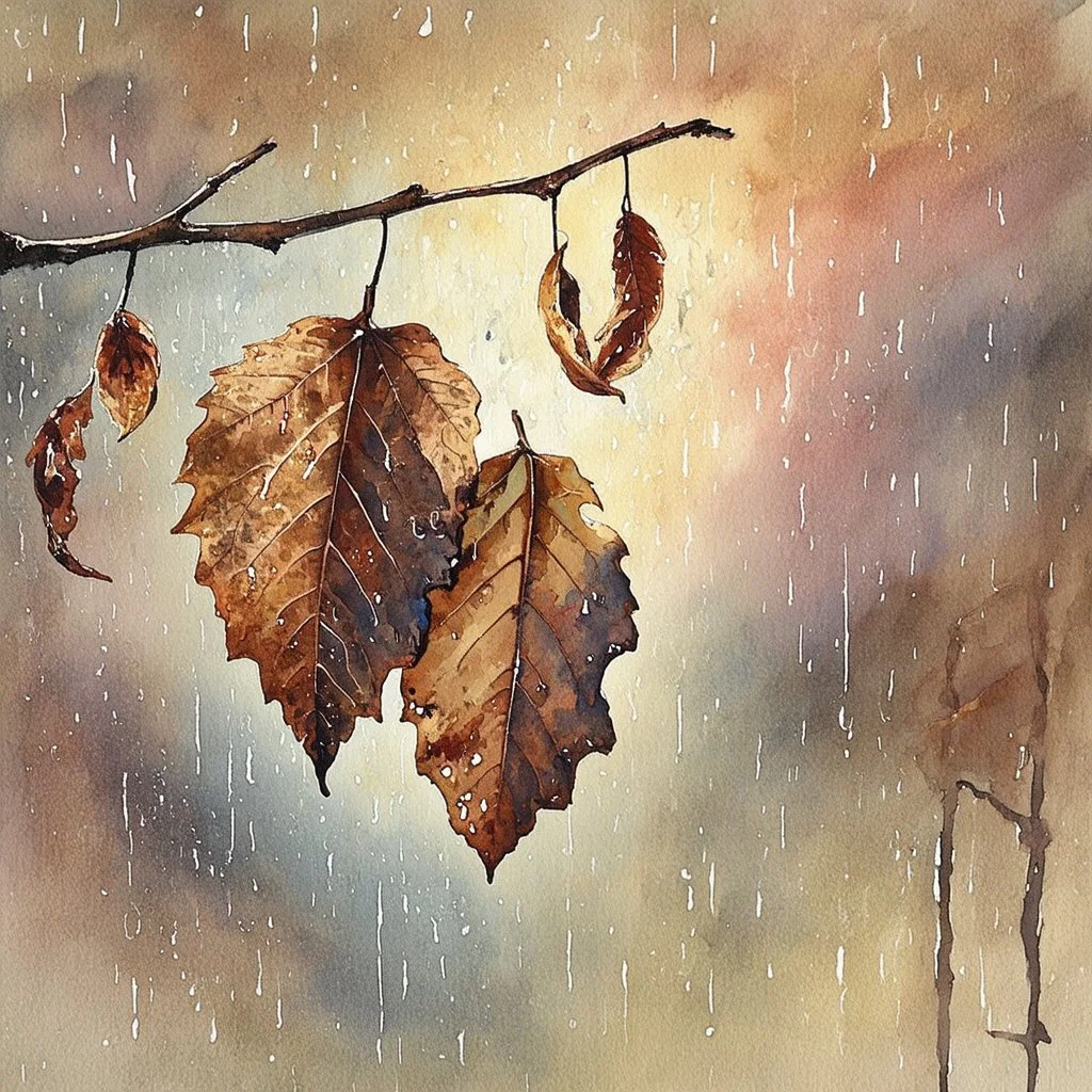 Paint a dreamy hazy breezy wet on wet watercolour artwork, using minimal paints and maximum loose water effects, EmmAI winter colour palette, melancholy composition, minimalist, impressionist, on a sad rainy afternoon of early December, soaking wet and almost falling down with the strong wind and the rain drops, two dried, broken, torn and curled brown leaves hanging upside down from a thin branch, (((overlapping and kissing each other))) as if whispering an enduring love at its end. The leaves