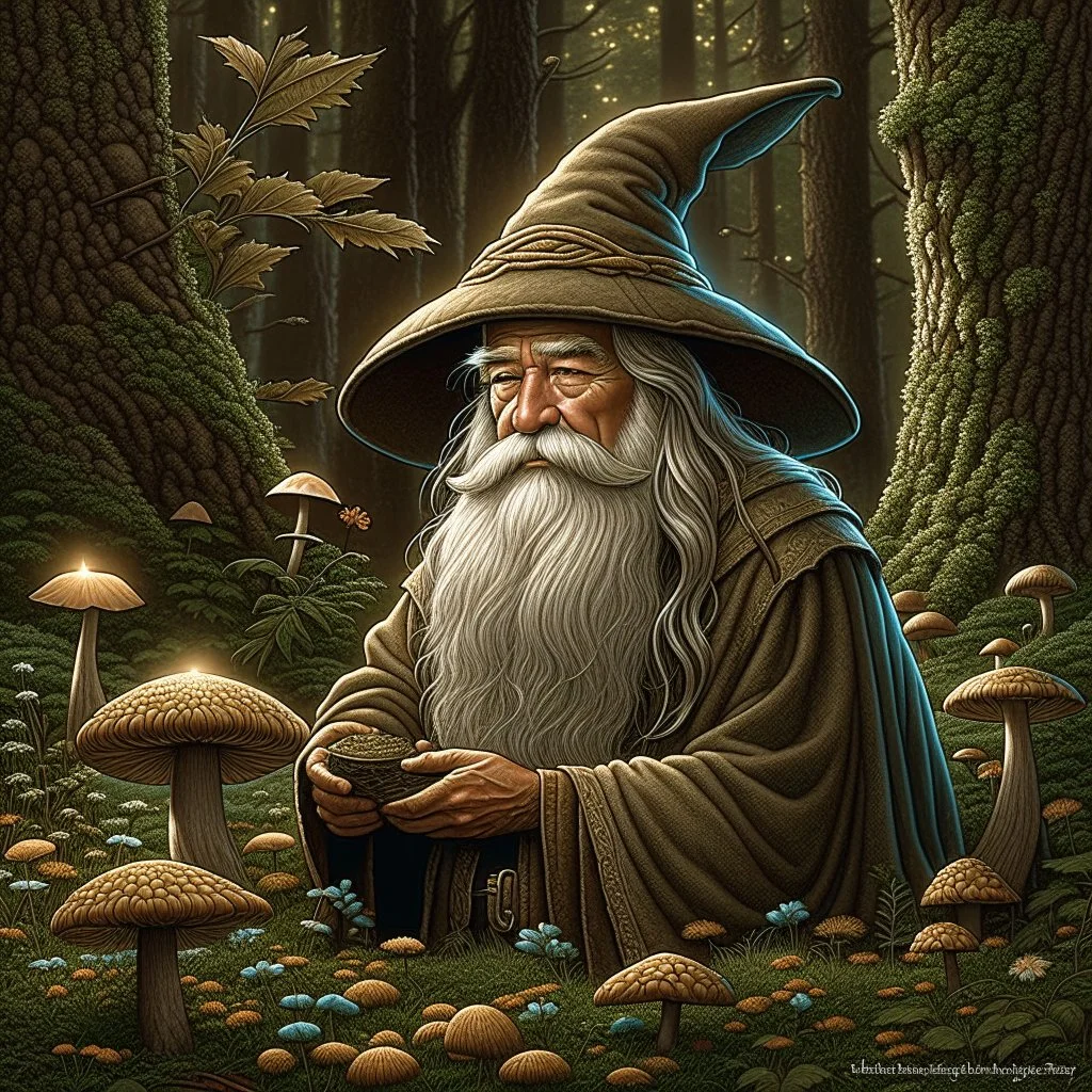 Gandalf, painted, digital painting, 24k, high resolution, highly detailed, cozy, forest with leafs, mushrooms and flowers, smooth, art by JOHN STEPHENS