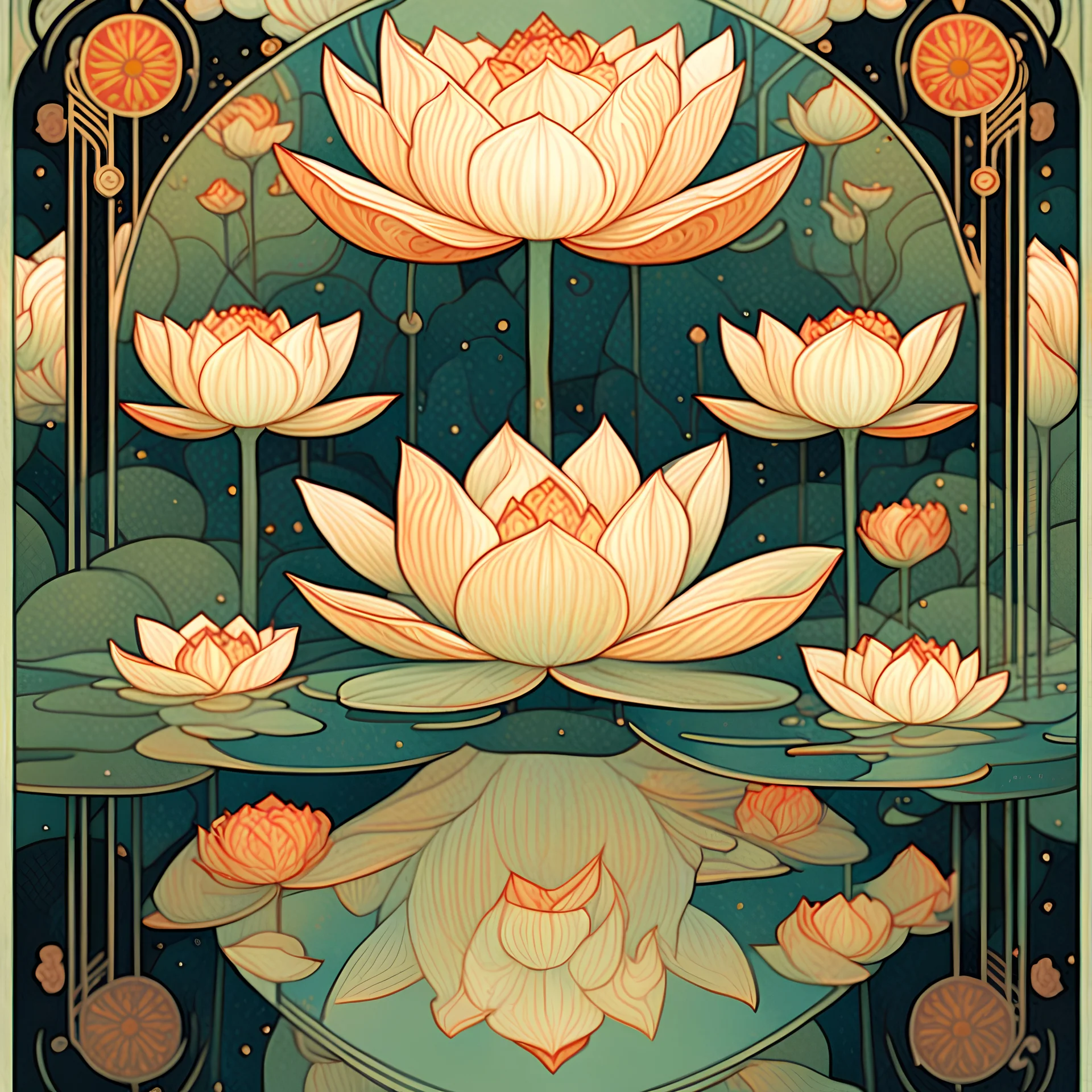 Bordered digital illustration of a Lotus Reflection by Victo Ngai. Art deco, Tarot card, Hanafuda. High quality, masterpiece.