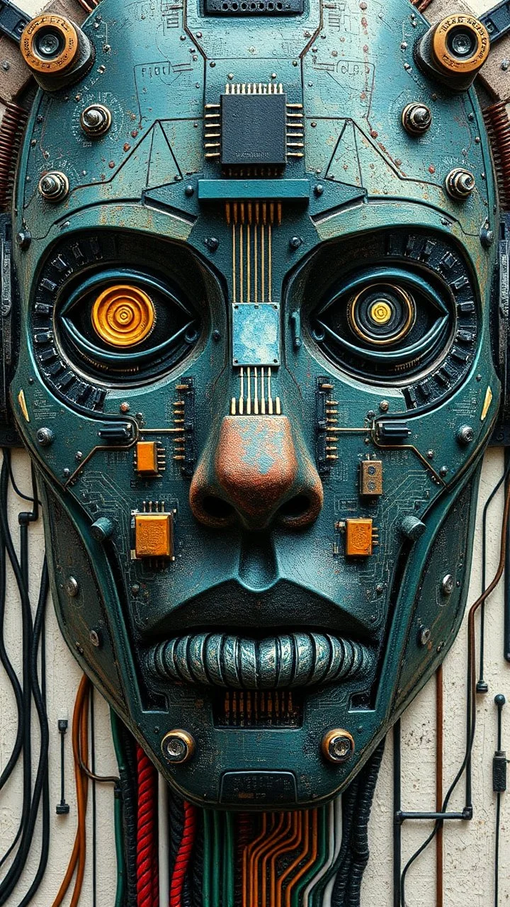 Bosch style painting , A robot face in details . The texture of the face is a collage of many peace’s of 3D electronic chips , 3D transistors , wires and 3D buttons parts