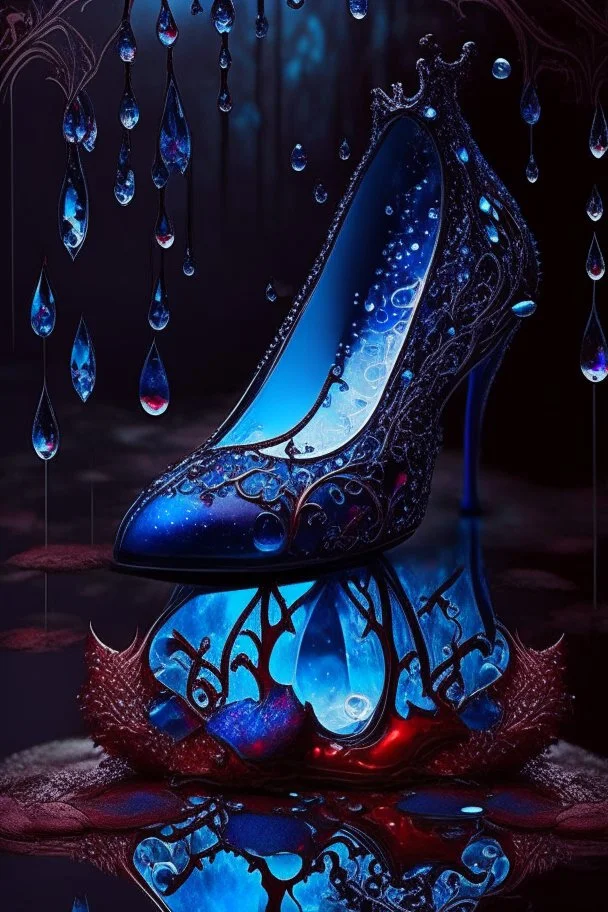 dark fantasy, intricate cover, a whimsical fairytale, translucent shoe made of blue glass with drops of crimson blood underneath