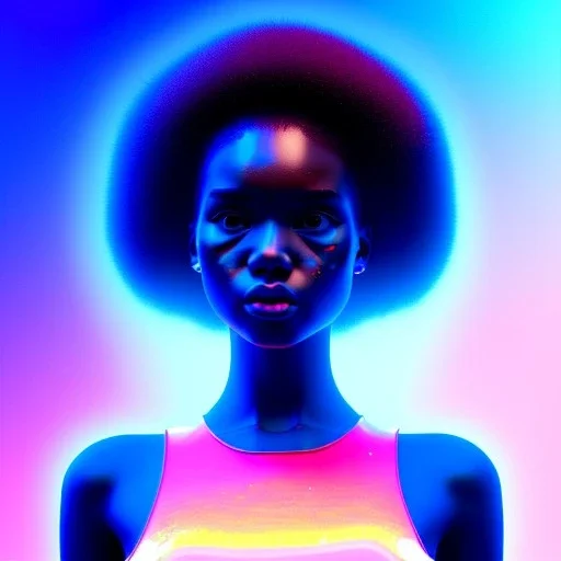 afro black woman teenager, few freckles, padded coat, retro futuristic, latex dress, gradient color, BLUE, PINK, CYAN, neon, insanely detailed, 16k resolution, perfect eyes, cinematic smooth, intricate detail