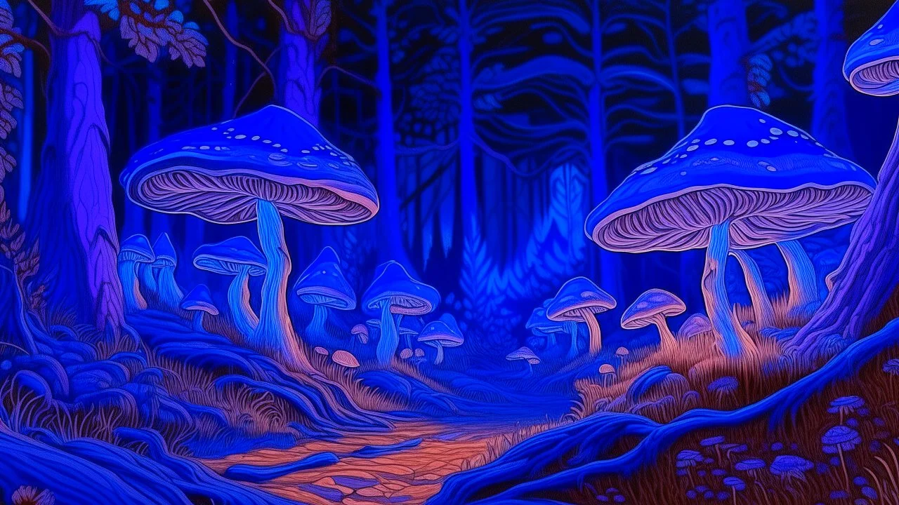 A purple forest with glowing mushrooms painted by Vincent van Gogh