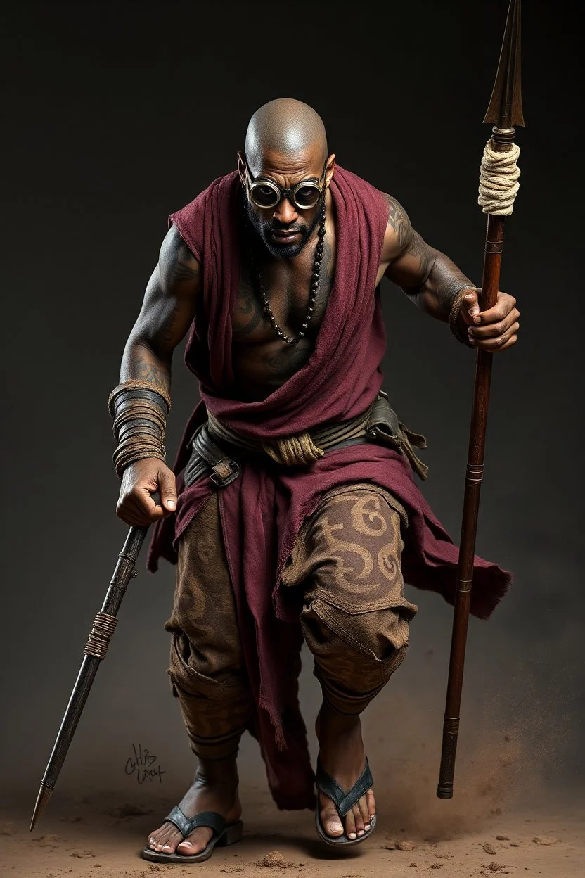 A fierce futuristic tribal warrior monk charging forward, dark-skinned male with a muscular build, shaved head with subtle tattoos, wearing round steampunk goggles. His torso is covered in intricate black tribal tattoos. He wears a tattered deep-maroon robe with white symbolic markings, layered over rugged, dusty warrior trousers. Leather wraps and metal bracers on his arms, battle-worn sandals on his feet. He grips two long staffs/spears, one in each hand, wrapped with cloth and metal accents.
