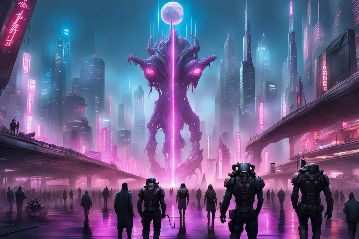 cities of the future cyberpunk in the center of the monster stands on its hind legs