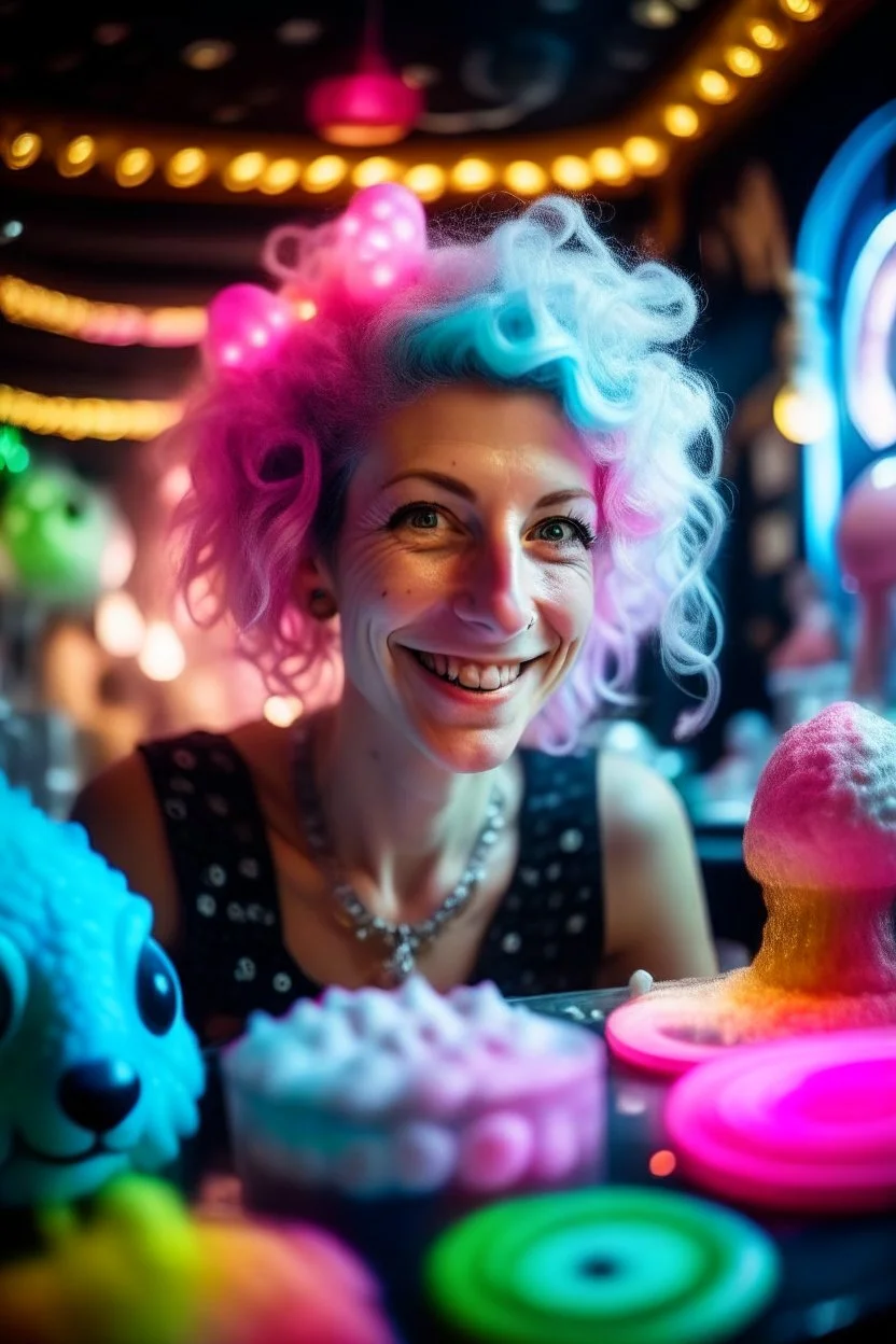 portrait of glittery haired twisted lama on a yoga space ship made of ice cream, smiling with beautiful shiny ears, each inside a pile of transparent jelly bubbles of weird colors with insect aliens inside, disco egg made of small mirror, light rayz, feast table ,shot on Hasselblad h6d-400c, zeiss prime lens, bokeh like f/0.8, tilt-shift lens 8k, high detail, smooth render, down-light, unreal engine, prize winning