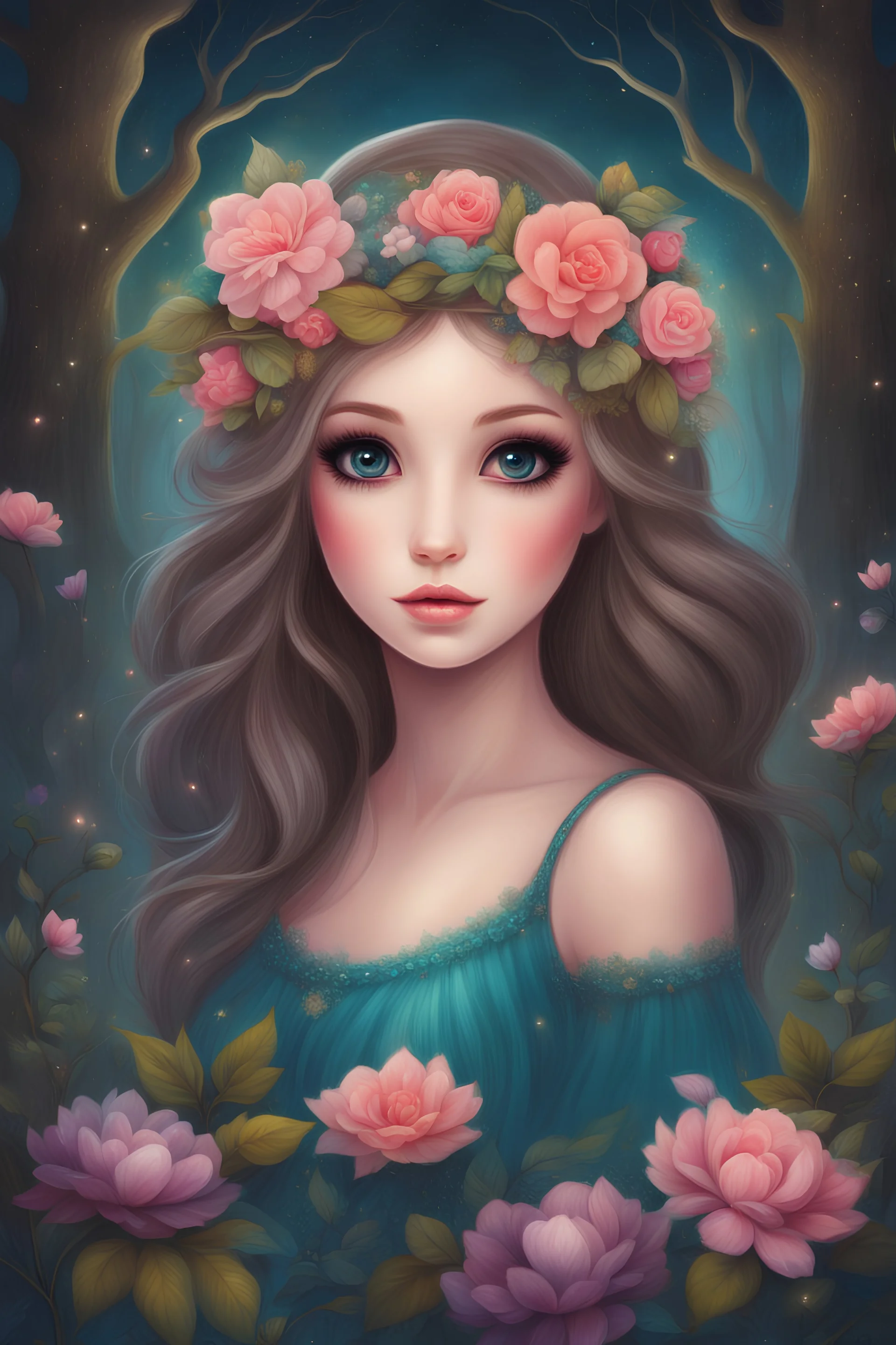 Painting of a beautiful girl, beautiful, haunted forest, flowers on her head, glitter dress, young girl, digital painting, fantasy art, pretty face, inspired by Jeremiah Ketner, illustration, anime portrait, barbie face, big eyes, bright eyes, dream, trees, forest background, dark night, song, glitters background, fantasy, high quality, 8k