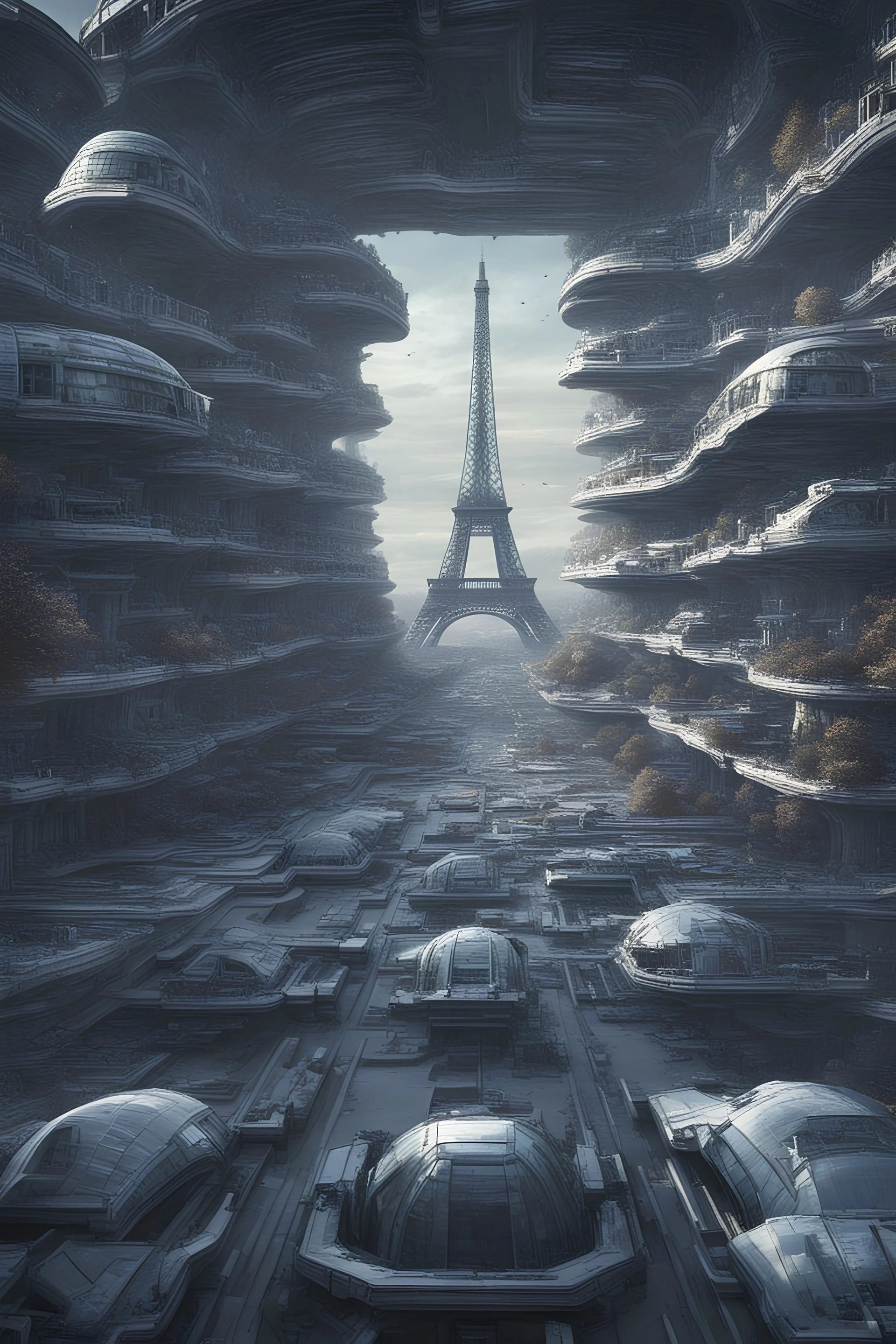 view of a futuristic Paris in a post atomic catastrophic way