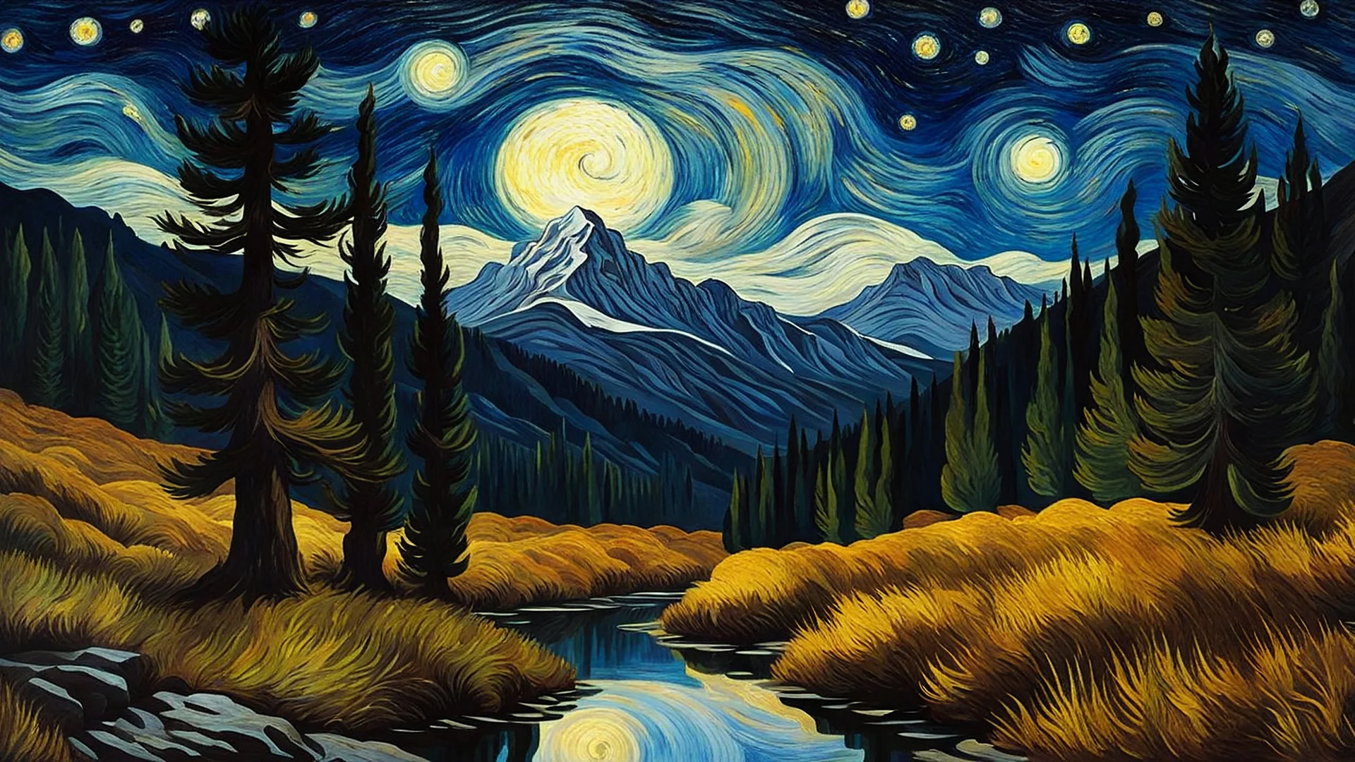 van Gogh starry night alike,Italian Cypress forrest,night in a rocky valley,mist shadows,sping season,brown colors,reflections,dramatic scene