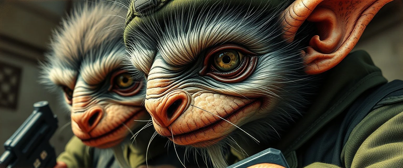 airbrush and pen outline, french art , extreme close up on cheeky fluffy weasel hairy goblin military prison guard troupe news anchor elf family scumbag in the style of Escher and Giger and Fallout 4, pinhole cam, airbrush 3d rendering, in the style of Titian and Rembrandt