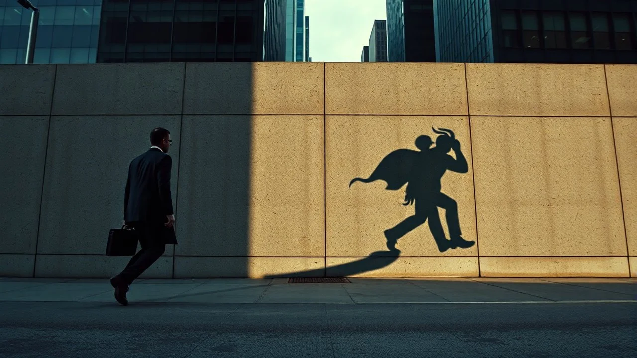 a high realistic photo from a business man walkings on street own shadow as devil walking behind man on big wall , modern city, weird atmosphere.detalied, sharp focus, surreal mood, thriller, dark dream