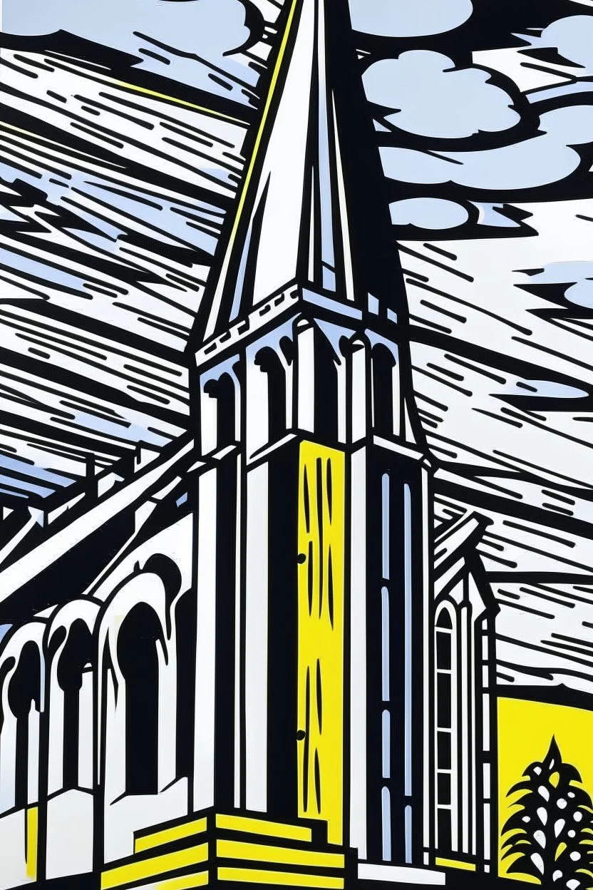 A gray monastery made out if steel painted by Roy Lichtenstein