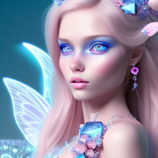  beautiful, soft, whide smile face, long blonde straight hair, blue eyes, fairy wings on the back, transparent crystal blue and pink clothes, background blue and pink, big definition, 8K