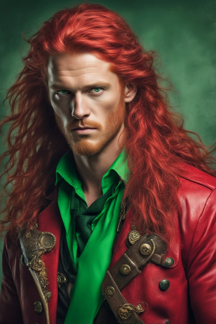 Pirates caught a man, long red hair, long red jacket with a green tie, green eyes,