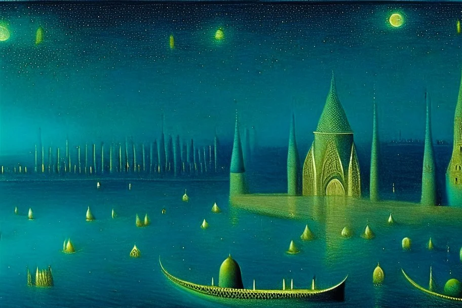 a surreal noctilucent city with arches, domes and rivers by artist "Leonora Carrington",by artist "Agostino Arrivabene",by artist David Inshaw"