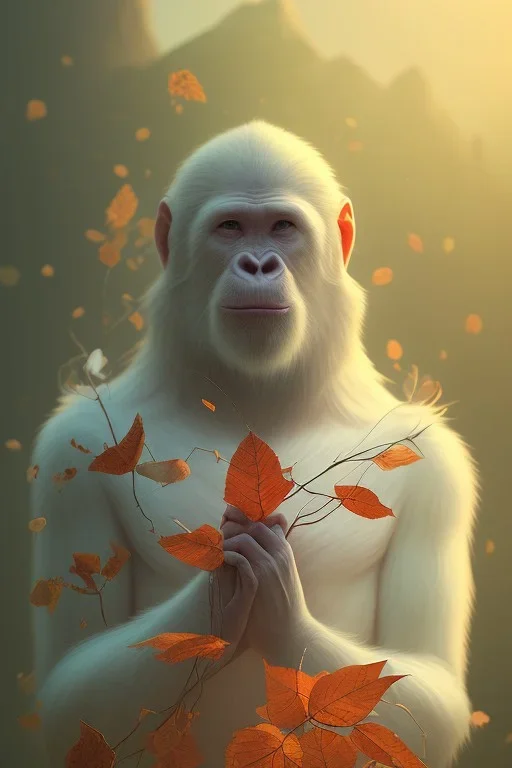 Ape portrait , detailed hands, at dawn by atey ghailan, golden light , white robe, holding leaves and flowers , angels background, volumetric light, high detail, red leaf tree, mountains in background, perfect