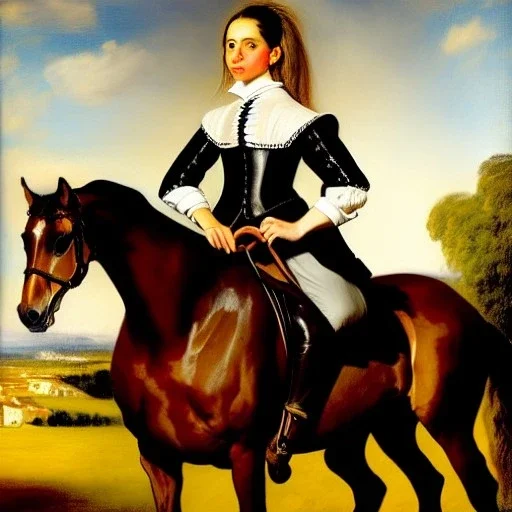 Retrato de una niña muy guapa llamad Dalia Santiago Arnau montando a caballo con el estilo de Diego Velázquez