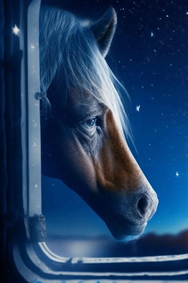 grandpa horse portrait with background star field seen in the window of a boat, 4 k, trending art, depth of field