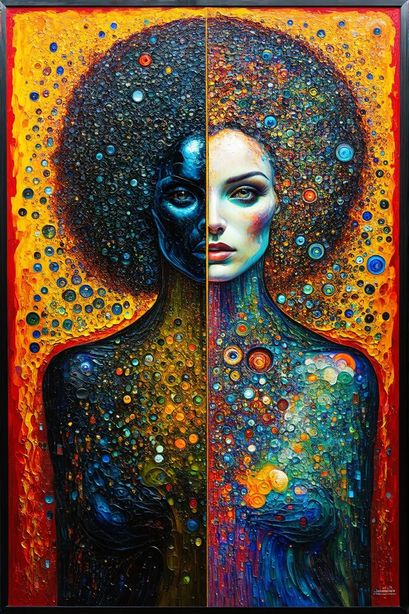 "Dark Goddess Energy" is a contrasting artwork with one half in a mashup of Klimt and Giger and the other a colorful blend inspired by Kandinsky