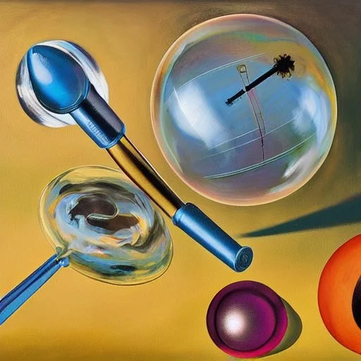 a Soap Bubble including unverse-like complex surgical instruments mixed with musical instruments,Painting By Adrian Ghenie, Rene Magritte, Salvador Dali, Lucian Freud