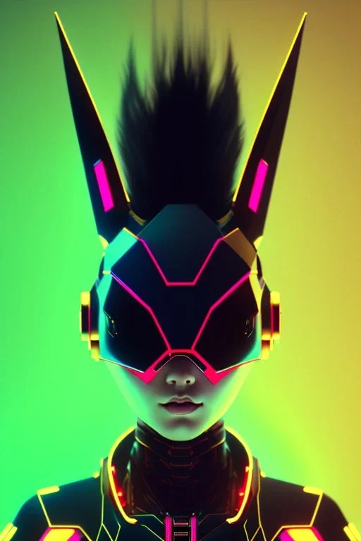 Medium Close Up Portrait, Front image. cyberpunk Asian woman, rabbit mask, pink short hair. latex suit. Red, black, gold, color. Ghost in the shell style. Gradient background. Avatar image, highly detailed, concept art, smooth, unreal engine 5, god rays, ray tracing, RTX, lumen lighting, ultra detail, volumetric lighting, 3d, finely drawn, high definition, high resolution.