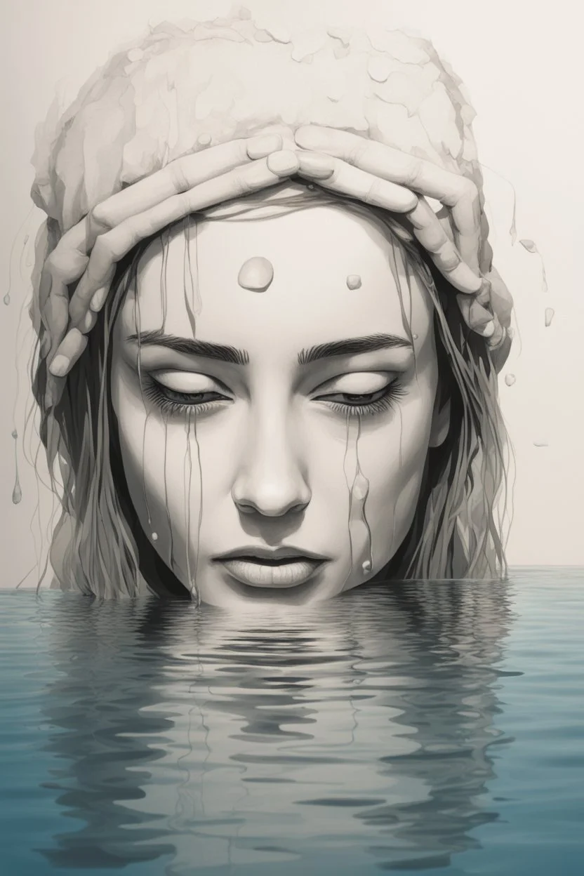 Artwork of t-shirt, Wide angle, half of face on water surface of a woman eyes are full of tears in swimming pool. Broken heart, sadness, down deep