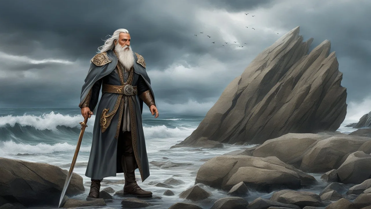 The stately and wise sorcerer named Pealda Stormbringer is walking on a rocky beach looking at a stormy ocean. He is dressed as a lord. He has grey hair and a white beard. beautiful light brown leather gloves. no jewelry. everything is intricately sculpted, exquisite realism, fantasy art, identical eyes, perfect face, Hyperrealistic, splash art, concept art, mid shot, intricately detailed, color depth, dramatic, 2/3 face angle, side light, colorful background