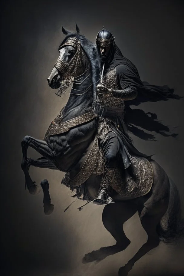 A full-body Arab warrior, raising his sword upwards, and riding his horse,, a dark background, a black horse, and dressed as an Arab warrior. Complex details, realistic, vivid image, cinematic atmosphere, dynamic shot.