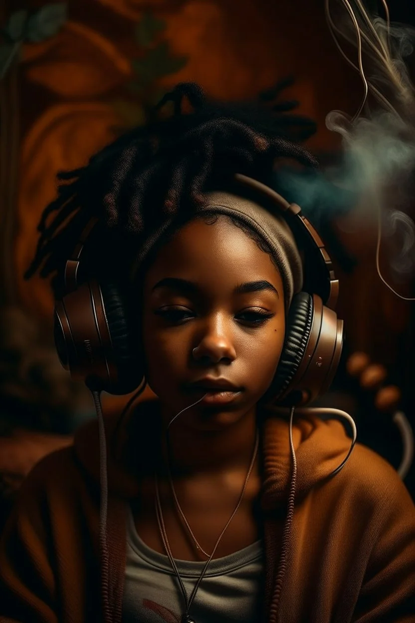 earthy black young woman listening to music with headphones, soul, peace, majestic, earthy colours, at peace, happy, incense, jewels, bands, natural, old school headphones, low siren eyes, incense, almond eyes, no eyelid wrinkles, darker skin tone