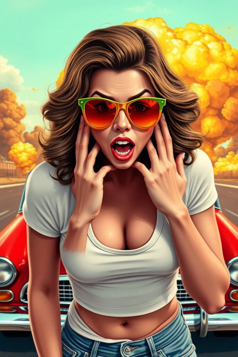 an young woman leaning forward(cropped tightly from between nose and stomach, white top with wide neck opening, cleavage, hands at face with surprised expression, home alone scream, wavy hair, large cheep colorful sunglasses, gloss lips), nuclear explosion and classic Cars in background, greaser, digital painted illustration